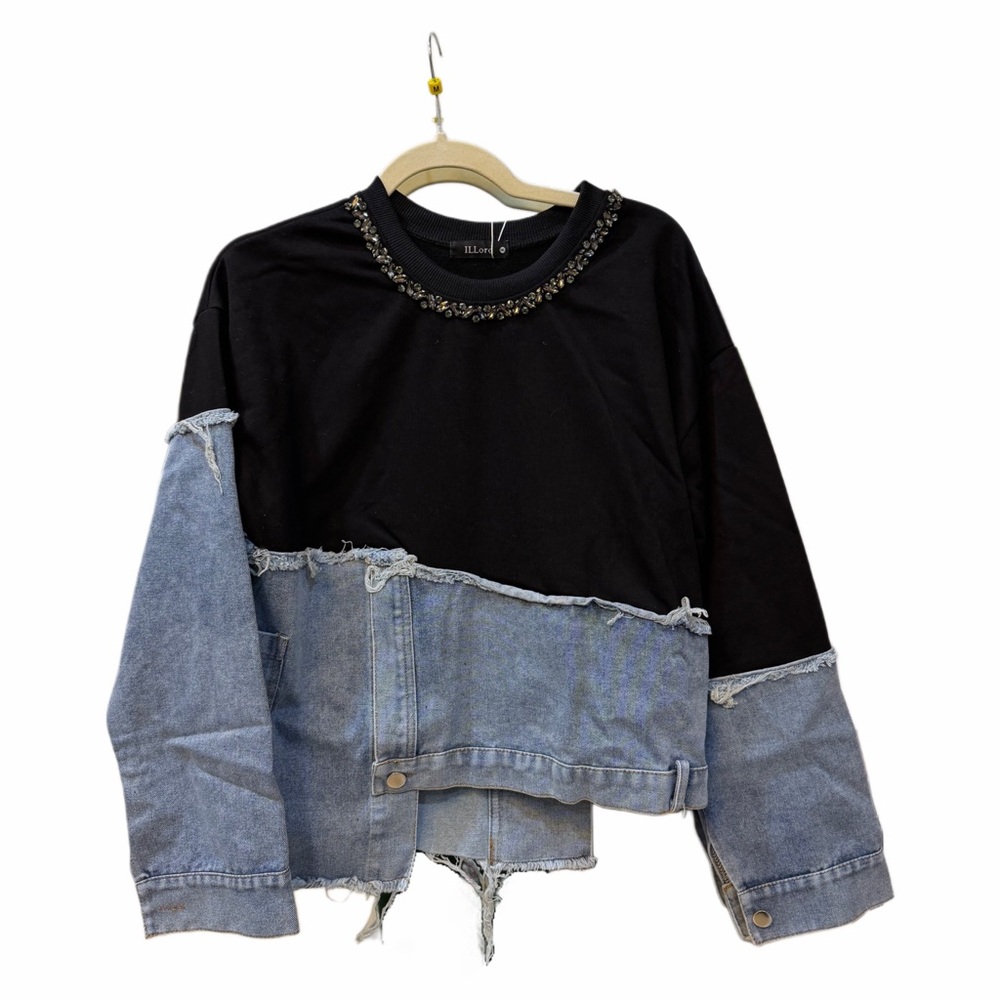 ILLORD Distressed Denim & Beaded Sweatshirt Hybrid